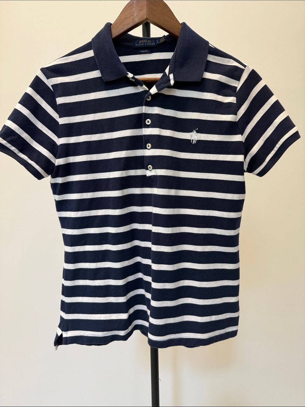 Polo Ralph Lauren Women's Slim Fit Navy Blue White Striped Polo Shirt | Large